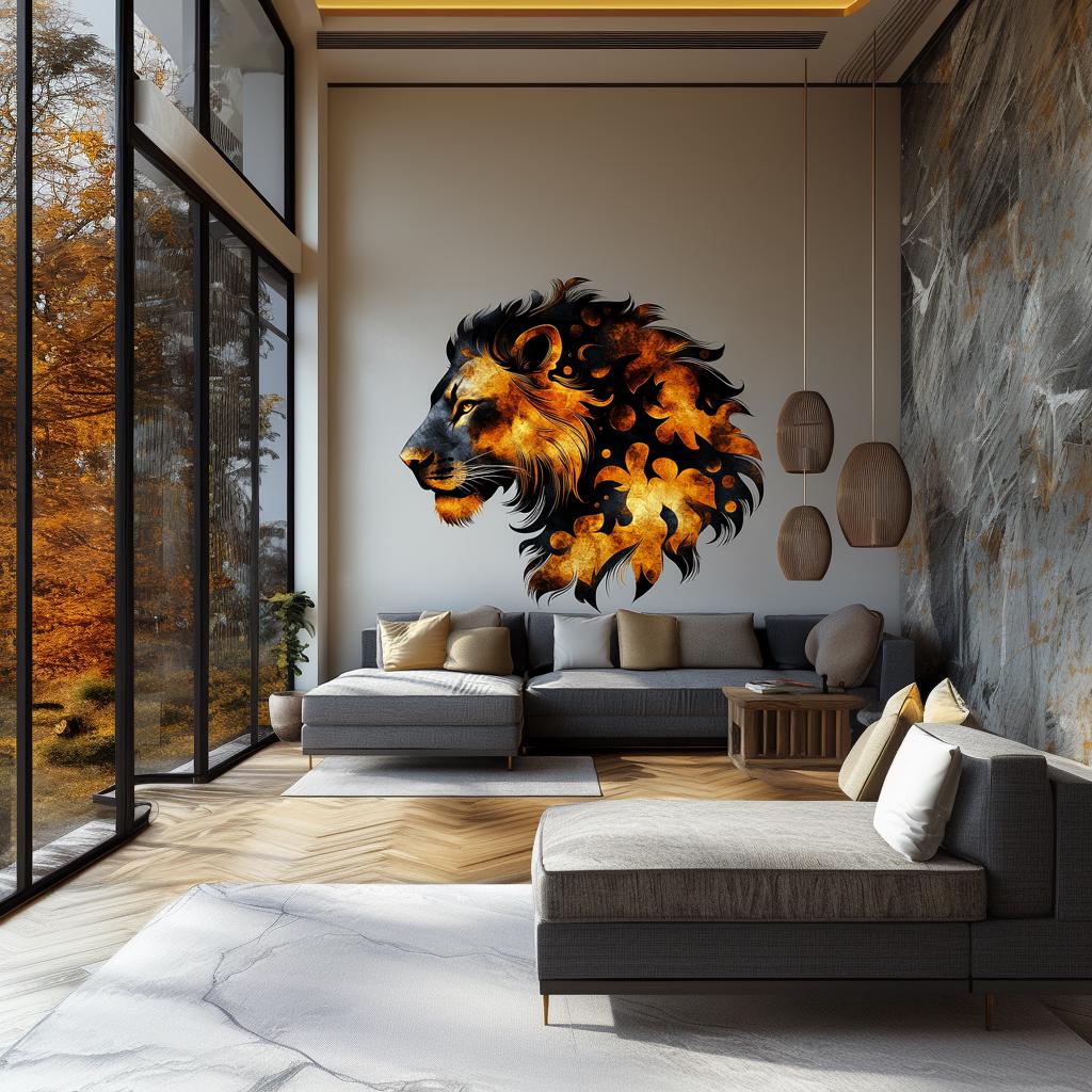 Abstract orange lion portrait vinyl wall decal displayed in a modern interior.