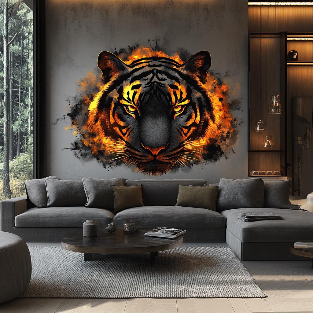 Angry Tiger Wall Decal | Fiery 3D Tiger Face Mural Art | Intense Animal Wall Sticker Decor for Living Room, Office, Bedroom, Safari Accent
