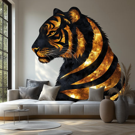 Golden Tiger Wall Sticker Decal | Regal 3D Tiger Mural Art | Elegant Animal Wall Decor for Living Room, Office, Bedroom, Nature Accent