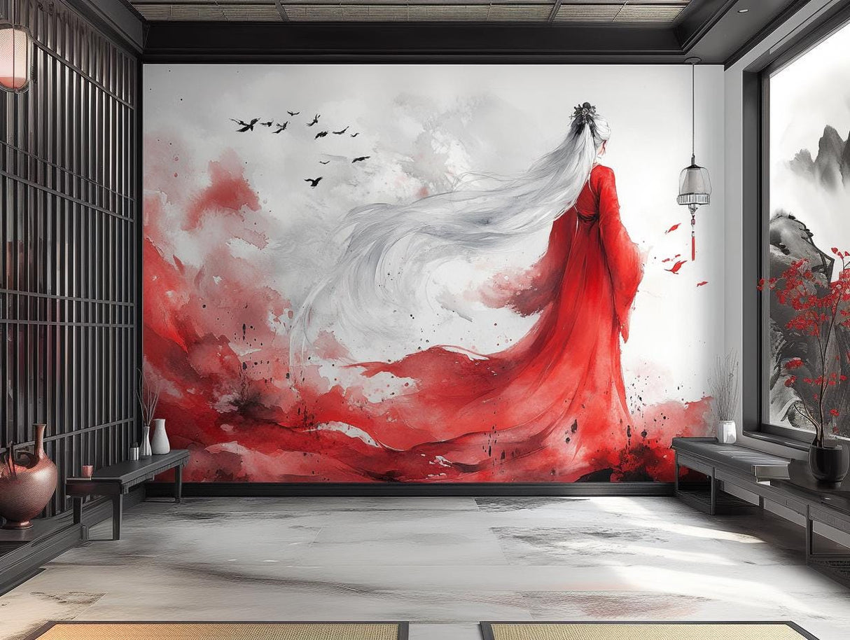 Elegant Asian-Inspired Wall Mural | Red & White Artistic Wallpaper | Large Wall Decor | Japanese Style Home Decor | Bold Statement Art