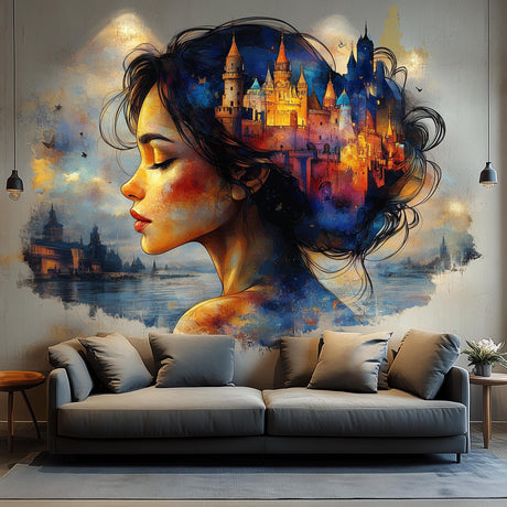 Dreamy Castle Wall Art Sticker - Fantasy Woman Portrait Vinyl Decal for Living Room, Bedroom, or Office Decor