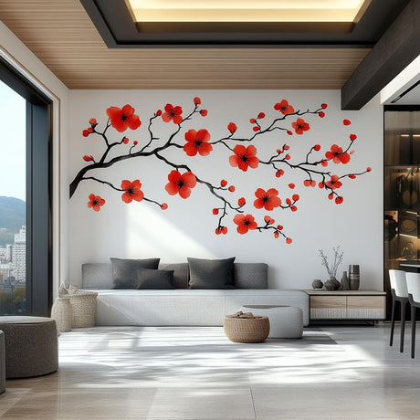 Red Flower Branch Wall Decal | Large Sakura Vinyl Floral Sticker | Removable Nature Art for Living Room, Bedroom, Office, Modern Home Decor