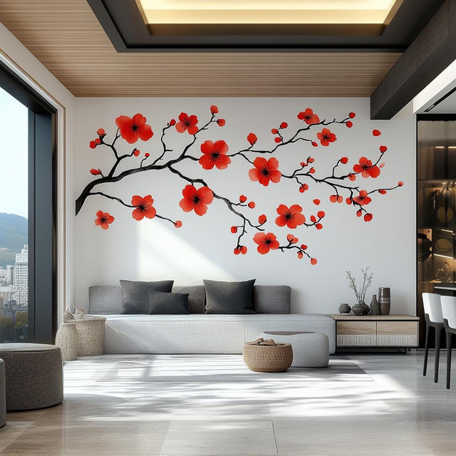 Red Flower Branch Wall Decal | Large Sakura Vinyl Floral Sticker | Removable Nature Art for Living Room, Bedroom, Office, Modern Home Decor