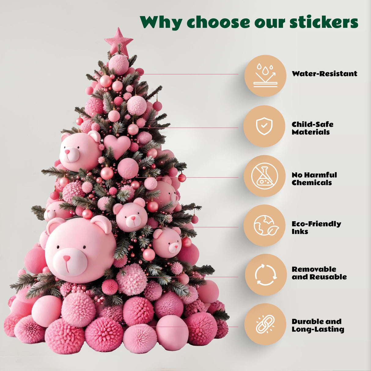 Pink Teddy Bear Christmas Tree Wall Decal | Personalized Holiday Sticker | Write Your Wishes | Kids Room Christmas Decor Vinyl Wall Art *!