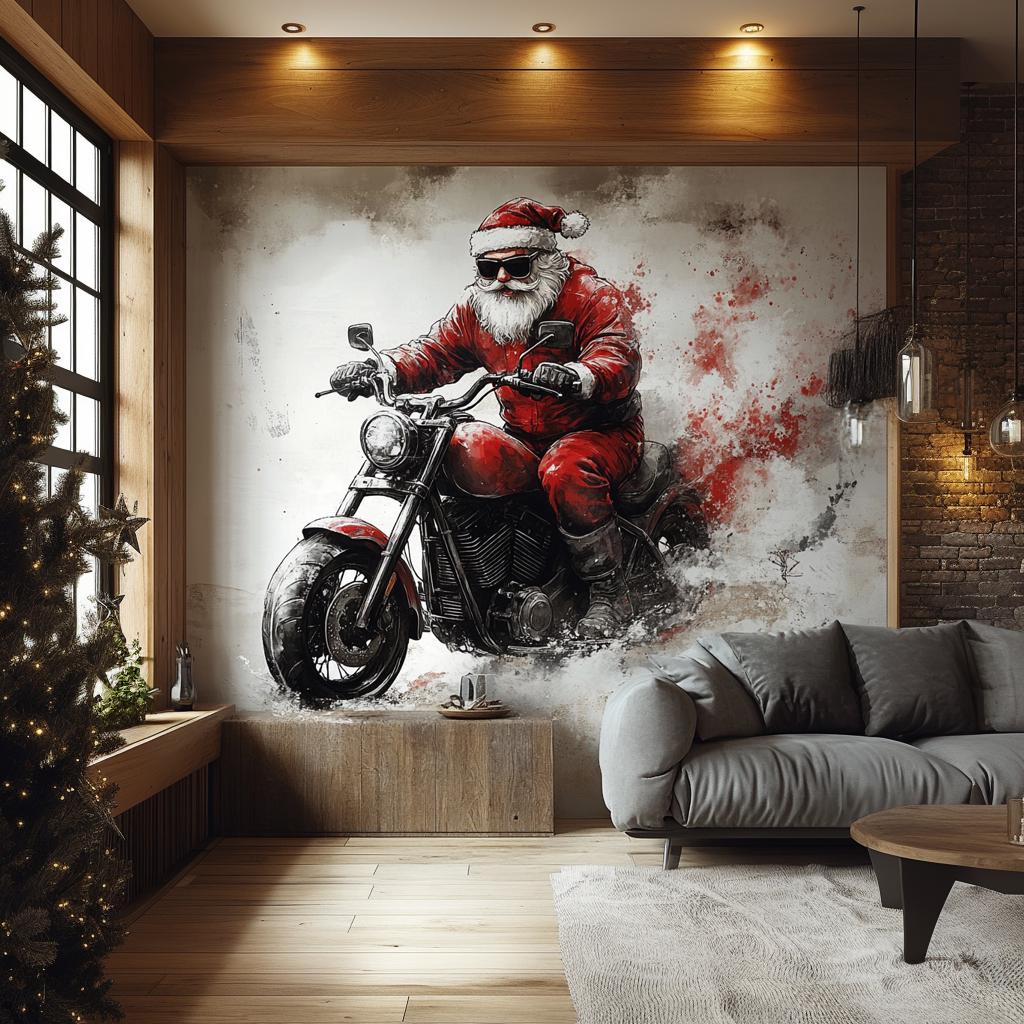 Biker Santa Claus Wall Mural | Bold Christmas Decor | Santa on Motorcycle Wall Art | Holiday Wall Sticker for Man Cave Unique Festive Decor