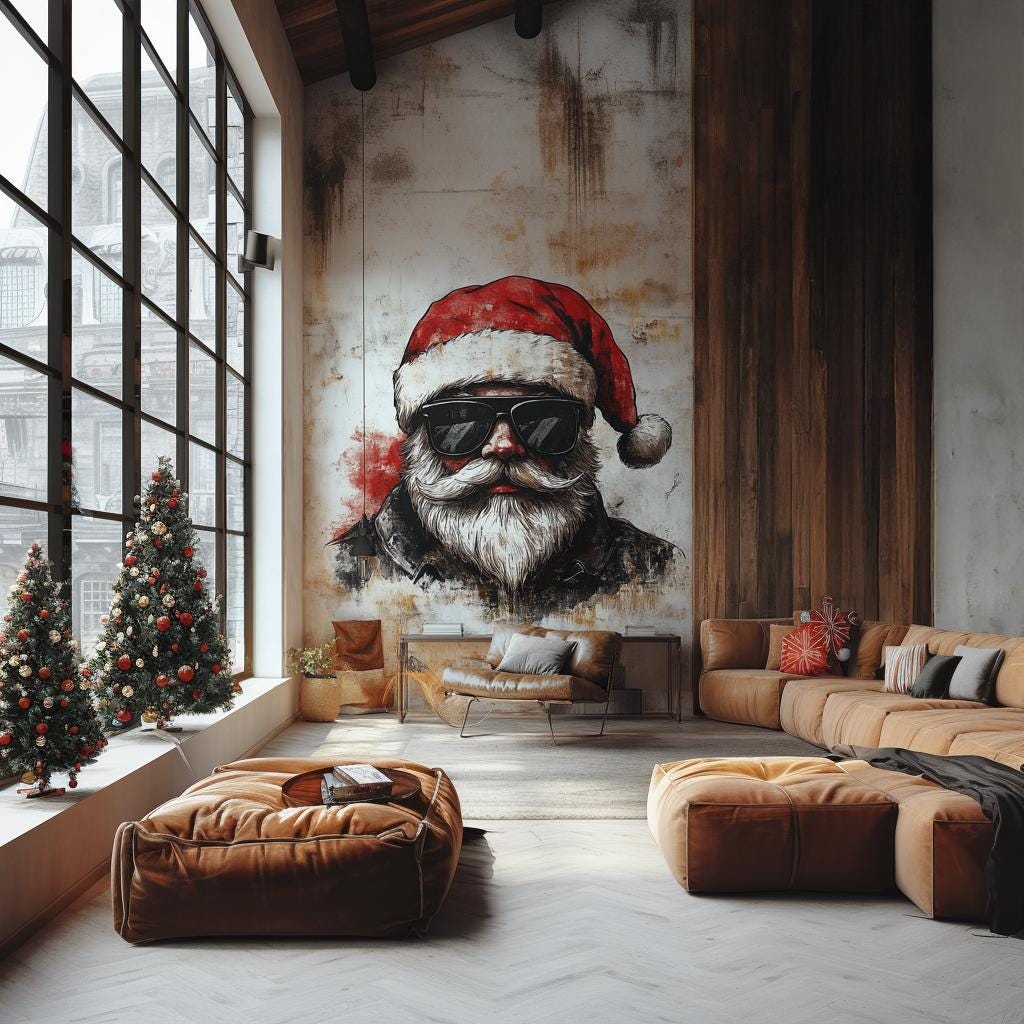 Biker Santa Wall Mural | Adventurous Christmas Decor | Santa on Motorcycle Wall Art | Unique Holiday Wall Sticker | Festive Statement Piece