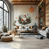 Santa Claus Wreath Wall Mural | Cozy Christmas Decal | Classic Holiday Wall Art | Festive Santa Evergreen Sticker Warm Holiday Decoration