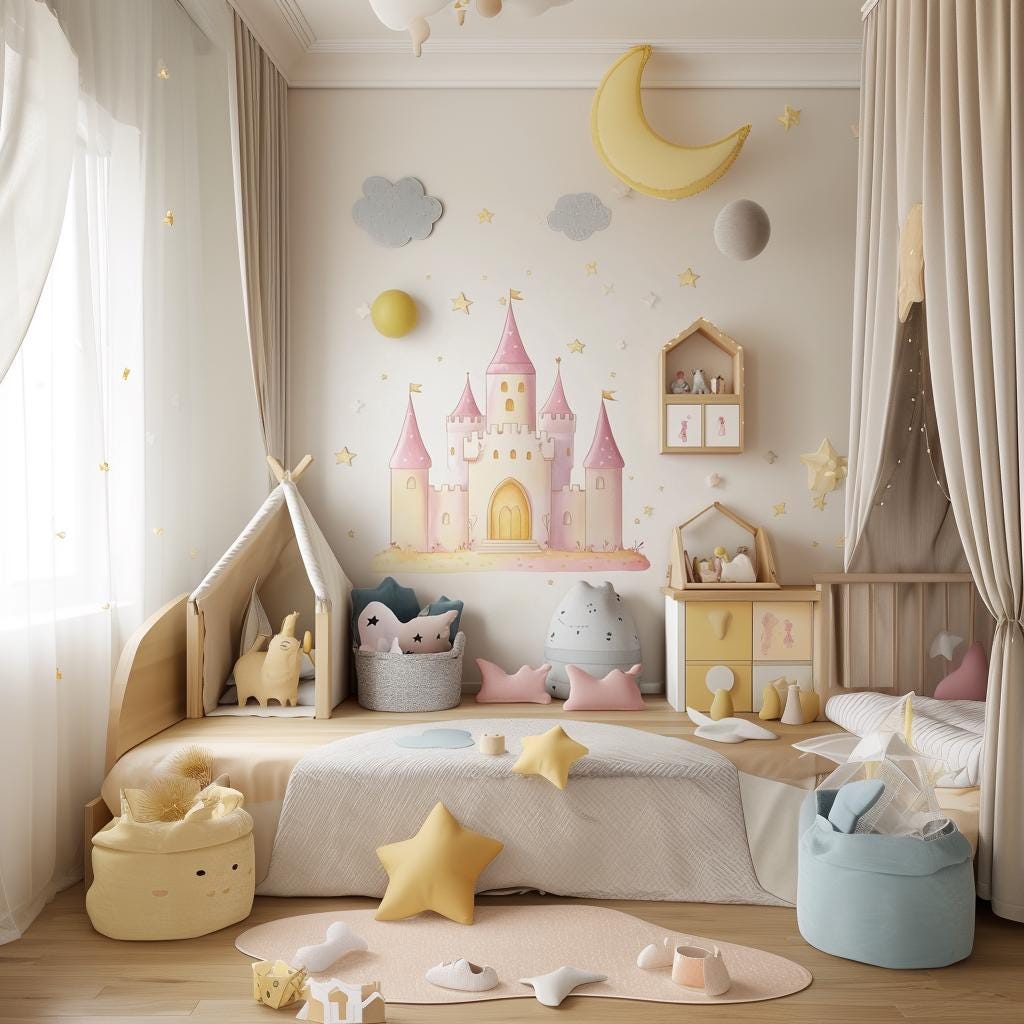 Princess Castle Wall Sticker | Pink Castle Nursery Décor | Fairytale Theme Wall Art | Kids Room Sticker | Removable Wall Decal