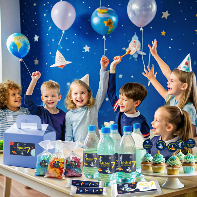 Personalized Space Birthday Party Decal Set | Custom Name Age Bottle, Treat Decals | Astronaut Rocket Theme | DIY Boys Party Decorations *!