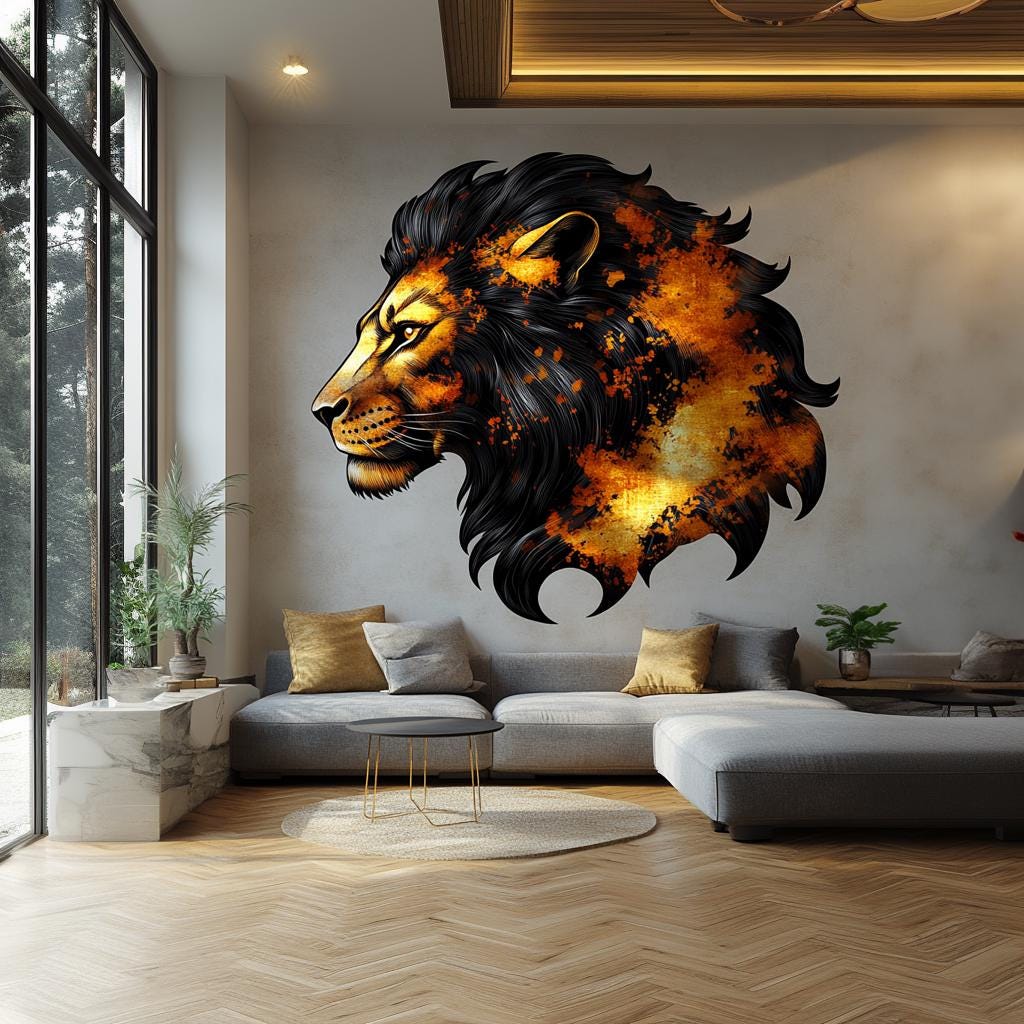 Majestic Lion Wall Sticker | Bold 3D Lion Mural Art | Fiery Animal Wall Decal Decor for Living Room, Office, Bedroom, Safari Inspired Accent