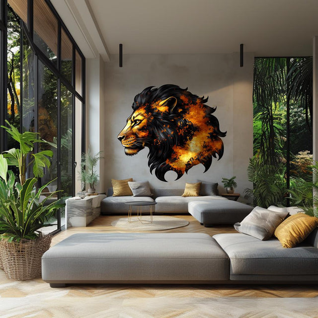 Orange and black lion portrait vinyl wall decal displayed in a modern interior.