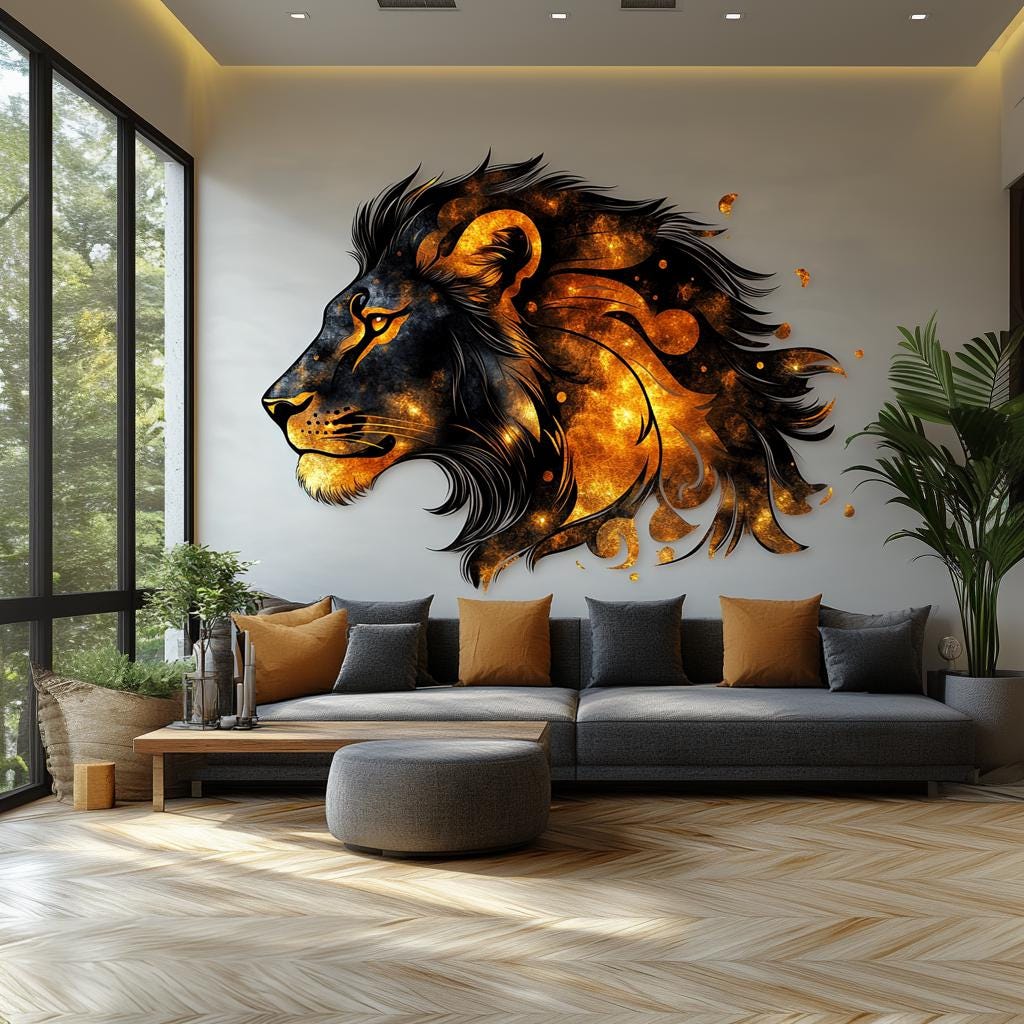 Cosmic orange lion wall decal shown in an alternate furnished room view.