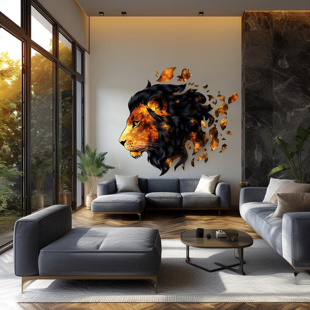 Fragmented orange lion portrait vinyl wall decal displayed in a modern interior.