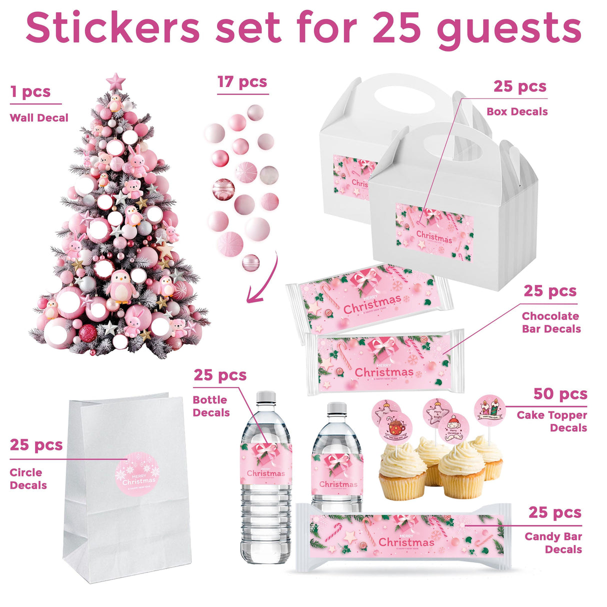 Pink Christmas Sticker Set | Personalized Holiday Labels for Bottles, Gifts Chocolates | Pastel Christmas Tree Wall Decal | Festive Decor *!