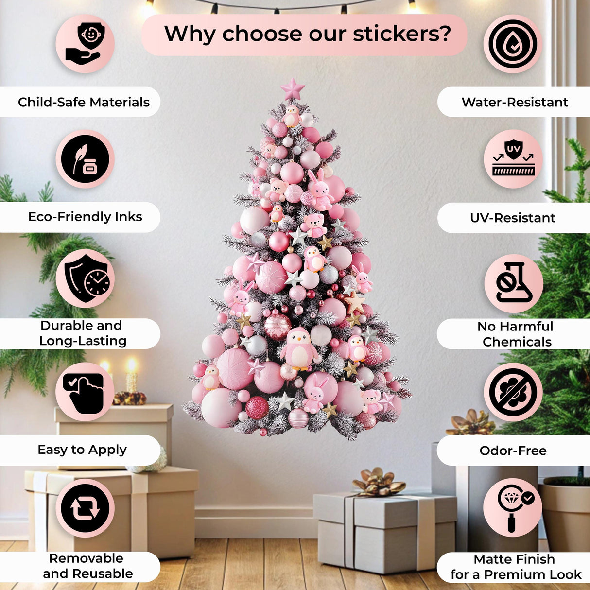 Pink Christmas Tree Wall Decal | Customizable Holiday Wall Sticker | Vinyl Wall Art for Kids Room | Interactive Christmas Decor *!