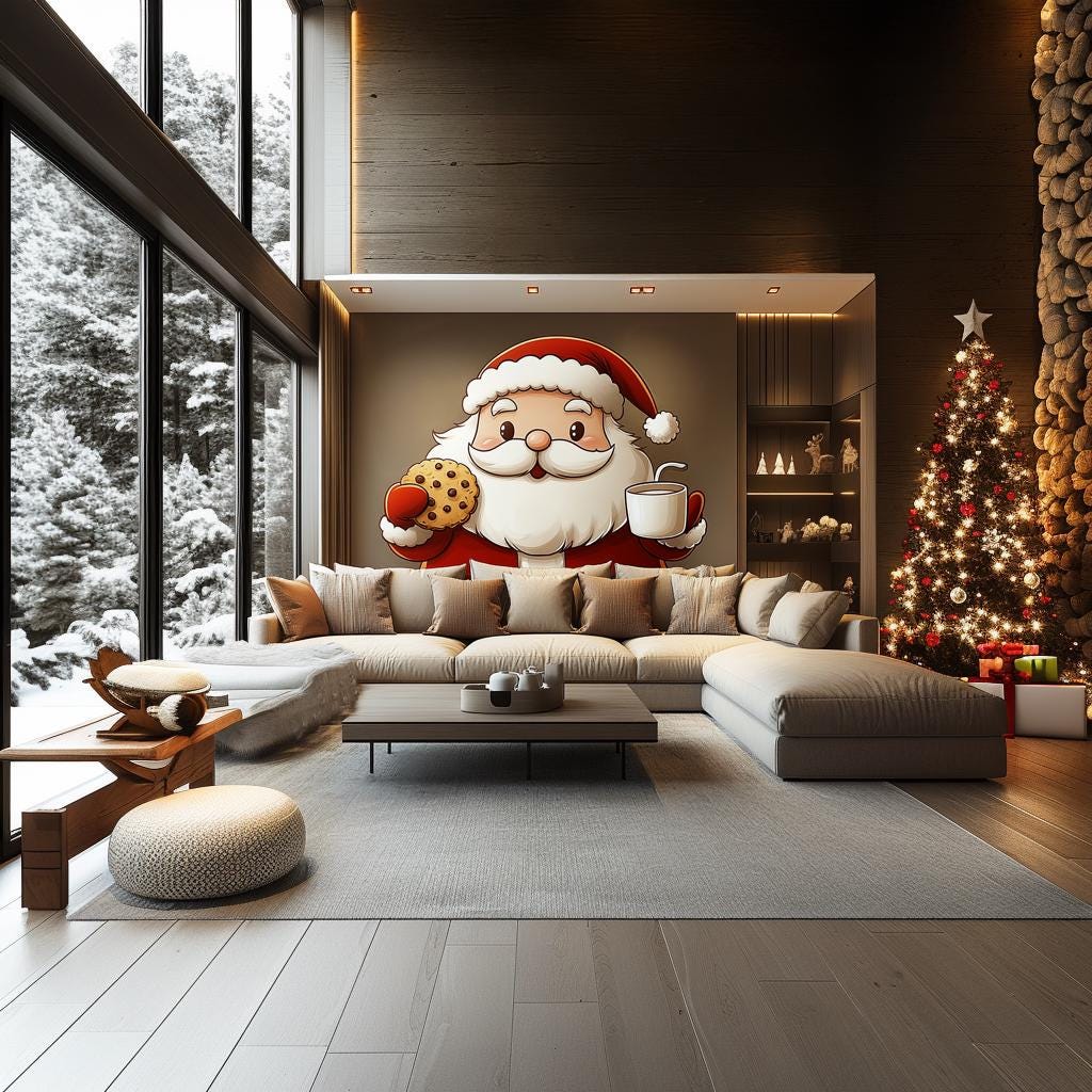 Santa Claus Wall Mural | Christmas Decor | Santa with Cookie and Mug Wall Art | Festive Holiday Wall Sticker | Large Christmas Wall Decal