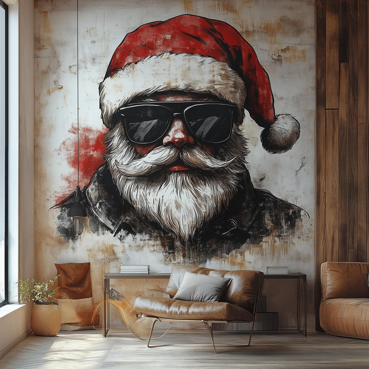 Biker Santa Wall Mural | Adventurous Christmas Decor | Santa on Motorcycle Wall Art | Unique Holiday Wall Sticker | Festive Statement Piece