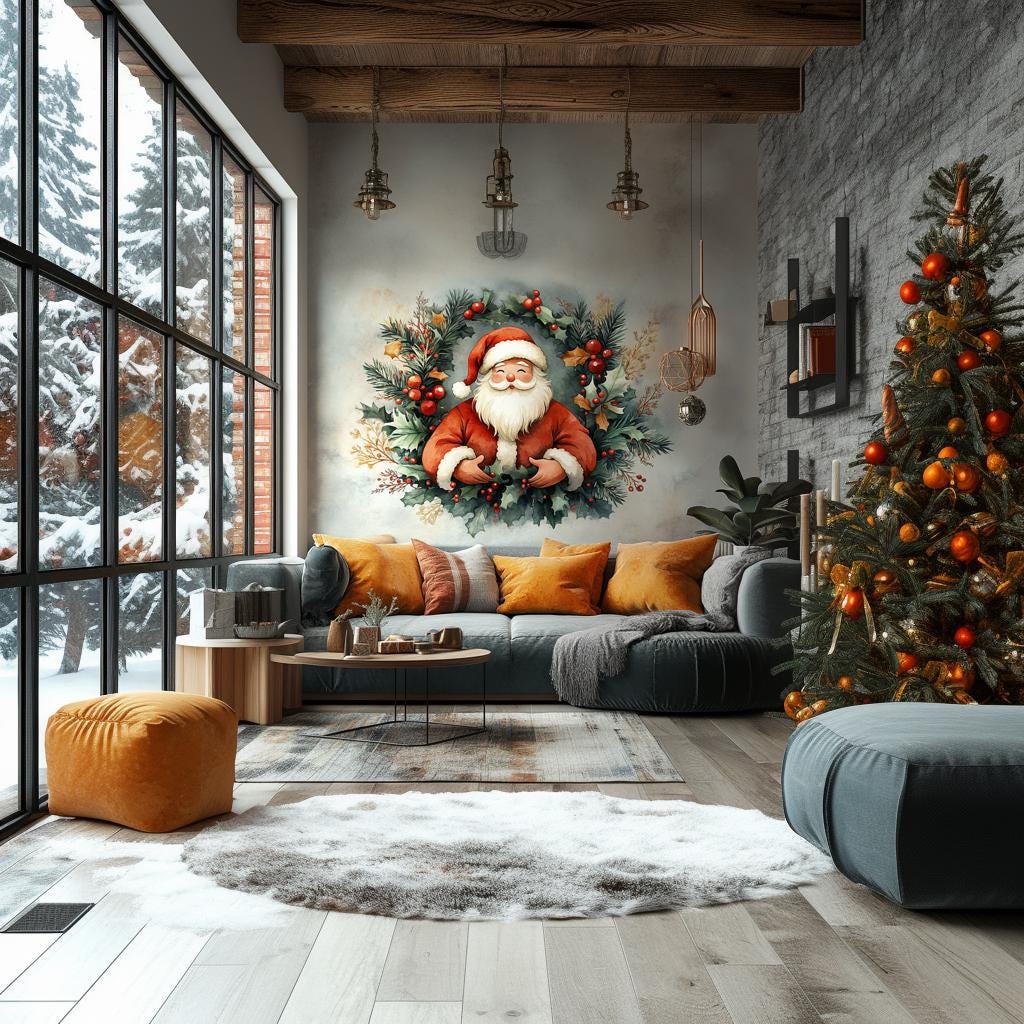 Santa Claus Wreath Wall Mural | Cozy Christmas Decal | Classic Holiday Wall Art | Festive Santa and Holly Sticker | Warm Holiday Decoration