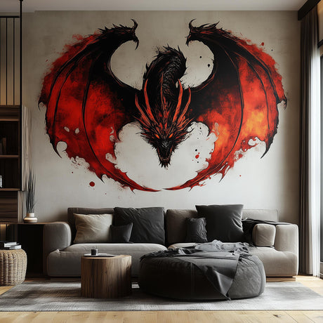 Fiery Dragon Wall Sticker | Bold Red Black Fantasy Wall Art Decal | Mythical Mural Decor for Living Rooms Game Room | Removable Vinyl Decals
