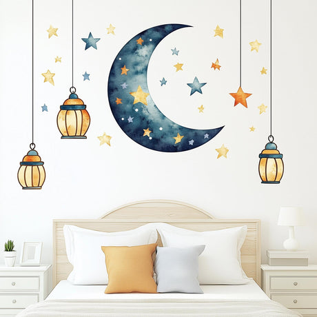 Moon and Stars Wall Decal Sticker Set | Celestial Nursery Wall Art | Removable Moon Wall Sticker with Lanterns | Kids Room Wall Decor