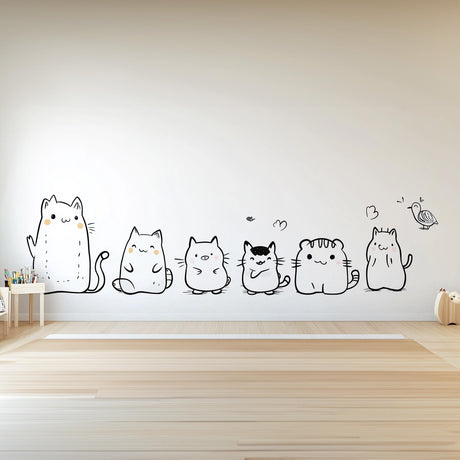 Cute Cat Wall Decal Set | Cartoon Animal Sticker Art for Kids Room | Cat Wall Stickers | Nursery Playroom Decor | Renter Friendly Decals