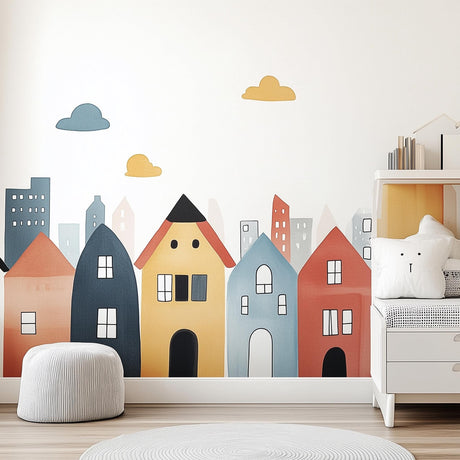 Colorful Town Wall Decal | Whimsical Cityscape Nursery Wall Sticker Art | Removable Kids Room Wall Sticker | Playful House Wall Decor