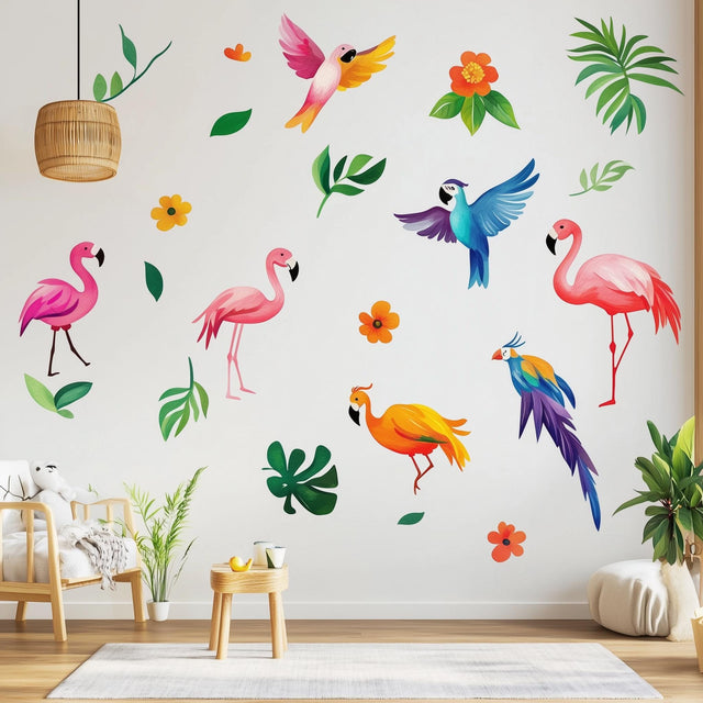 Tropical Bird Wall Decals | Flamingo and Parrot Nursery Decor | Colorful Jungle-Themed Stickers | Removable Wall Art for Kids’ Rooms