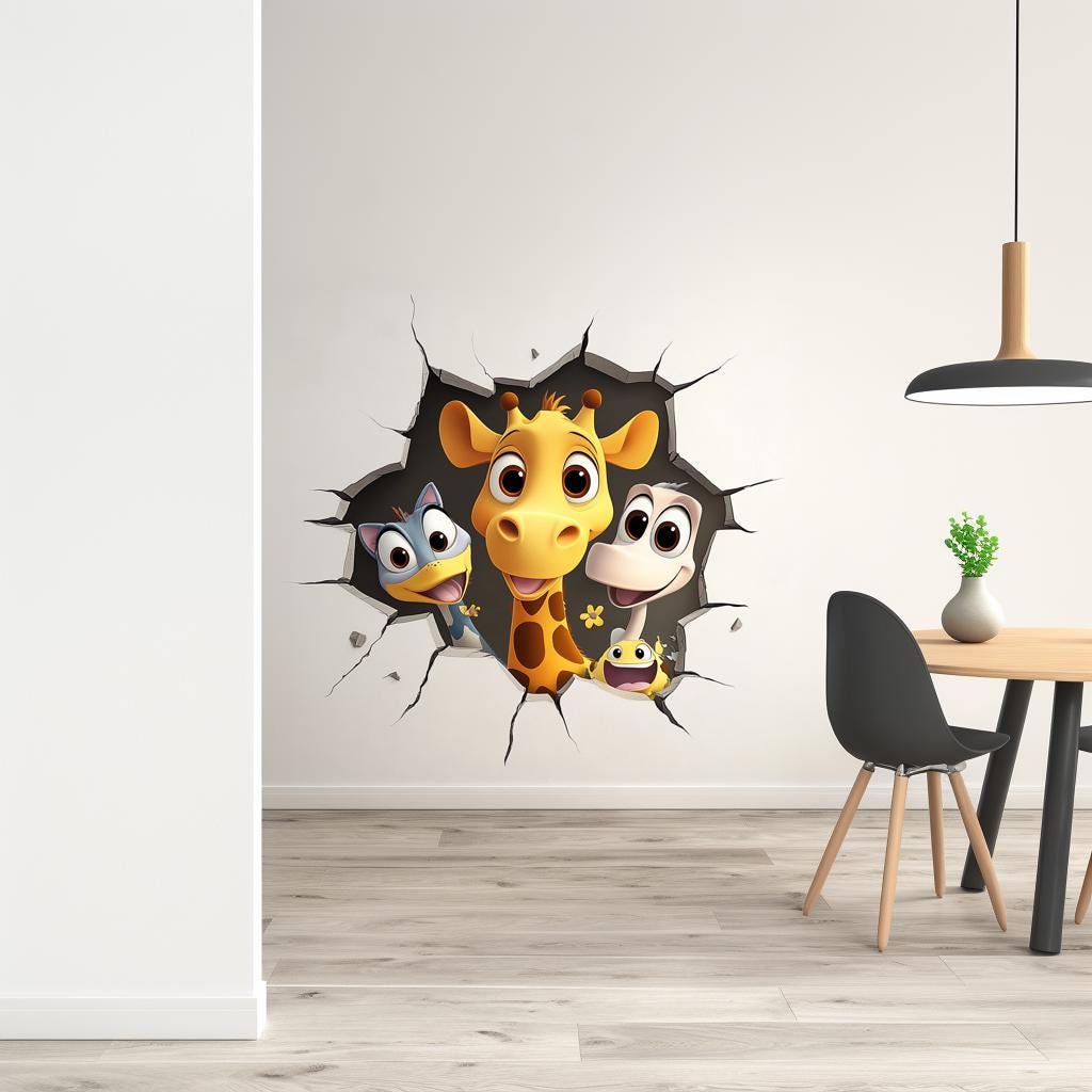 3D Cartoon Animal Wall Decal | Kids Room Vinyl Sticker | Giraffe Friends Peek Through Wall | Playful Nursery Decor | Fun Jungle Theme Mural