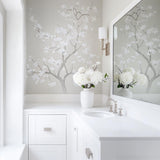 Chinoiserie Tree Wall Decal | Elegant Floral Vinyl Mural | Light Gray Blooming Branch Sticker | Classic Bathroom & Bedroom Decor