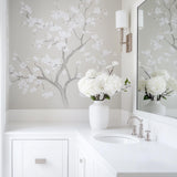 Chinoiserie Tree Wall Decal | Elegant Floral Vinyl Mural | Light Gray Blooming Branch Sticker | Classic Bathroom & Bedroom Decor