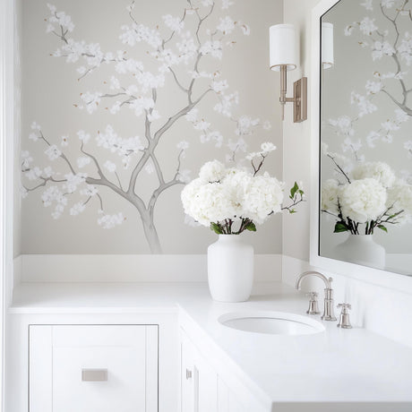 Chinoiserie Tree Wall Decal | Elegant Floral Vinyl Mural | Light Gray Blooming Branch Sticker | Classic Bathroom & Bedroom Decor