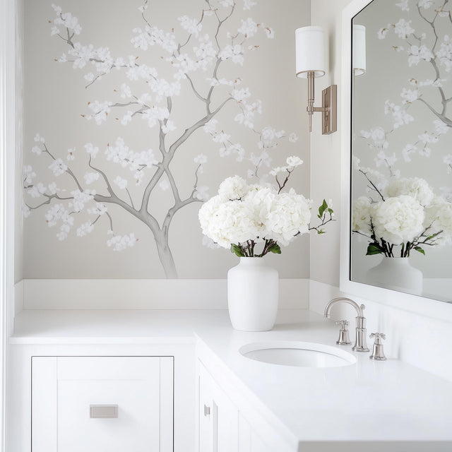 Chinoiserie Tree Wall Decal | Elegant Floral Vinyl Mural | Light Gray Blooming Branch Sticker | Classic Bathroom & Bedroom Decor