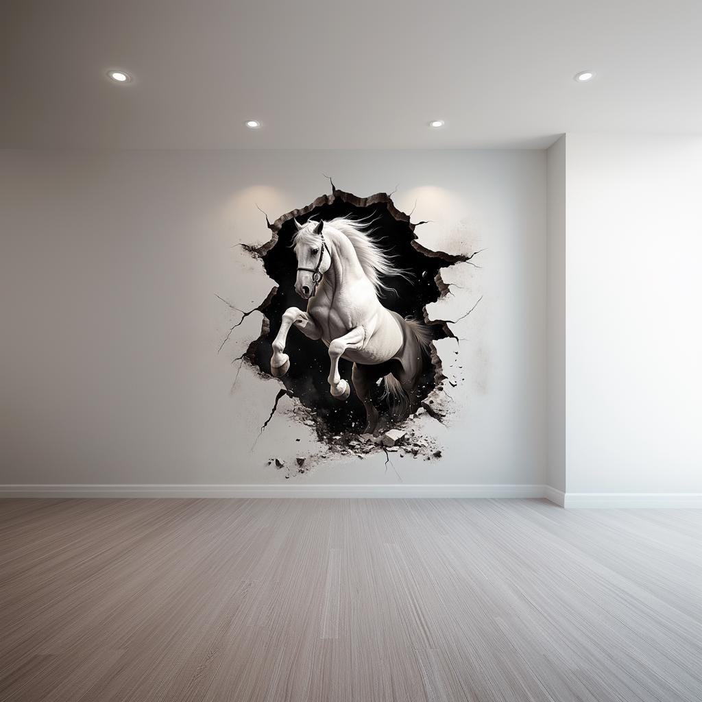 3D White Horse Wall Sticker | Realistic Horse Breakthrough Wall Decal Art | Removable Animal Wall Decor Living Room Bedroom | Home Decor