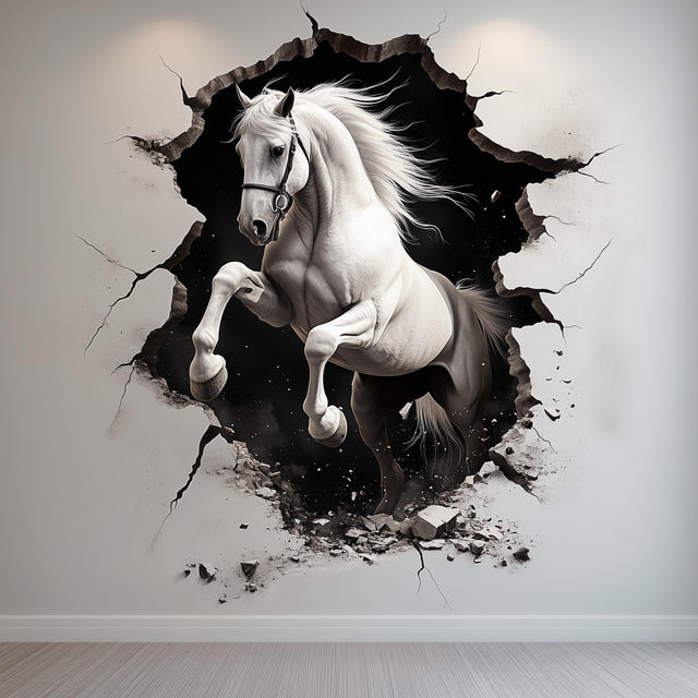 3D White Horse Wall Sticker | Realistic Horse Breakthrough Wall Decal Art | Removable Animal Wall Decor Living Room Bedroom | Home Decor