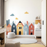 Colorful Town Wall Decal | Whimsical Cityscape Nursery Wall Sticker Art | Removable Kids Room Wall Sticker | Playful House Wall Decor