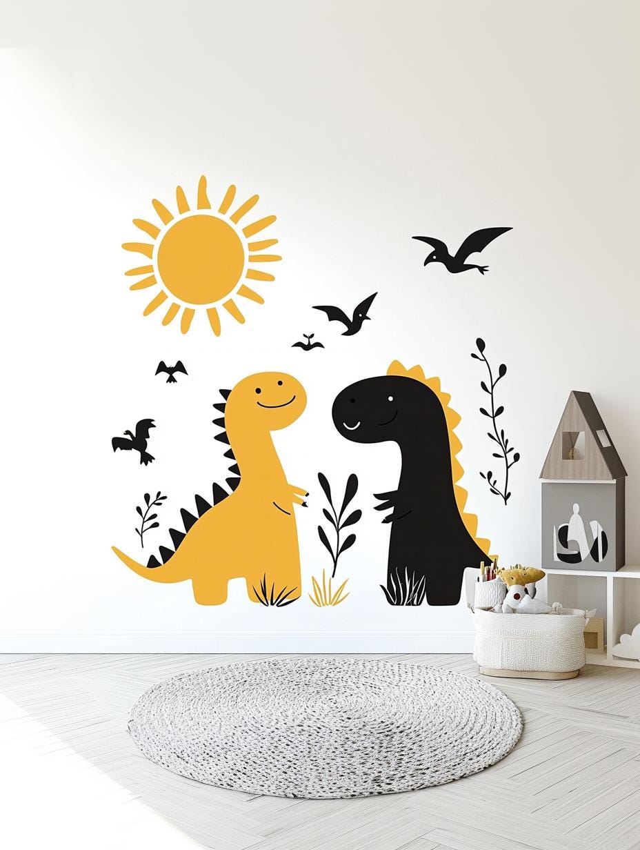 Dinosaur Wall Decal Set | Cute Kids Room Wall Sticker Art | Removable Dinosaur Wall Sticker Playroom Nursery | Yellow and Black Dino Decor
