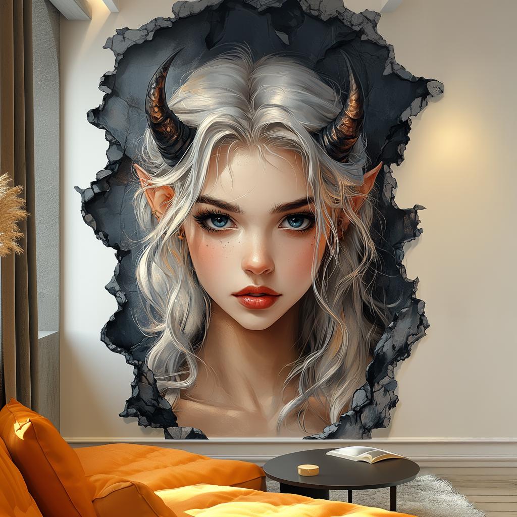 3D cracked wall sticker of a silver-haired elf with blue eyes and horns, perfect for gothic home decor.