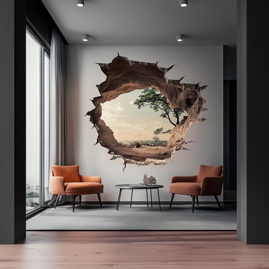 3D Cracked Wall Decal | Realistic Nature View Wall Sticker | Optical Illusion Vinyl Mural | Large Peel Stick Landscape Decor Modern Wall Art