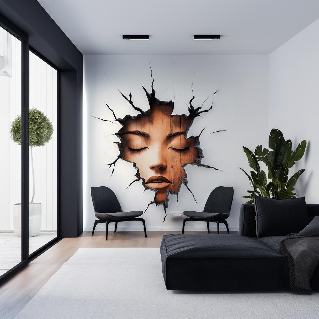 3D Cracked Wall Face Decal | Surreal Optical Illusion Wall Art | Realistic Vinyl Mural | Modern Home Decor | Large Peel & Stick Sticker