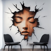 Surreal woman face wall decal emerging through a fractured wall