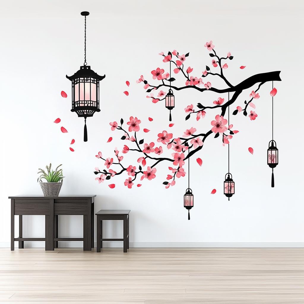 Cherry Blossom Wall Decal | Asian Lantern Tree Branch Vinyl Sticker | Elegant Sakura Mural | Japanese-Inspired Home Decor | Peel & Stick