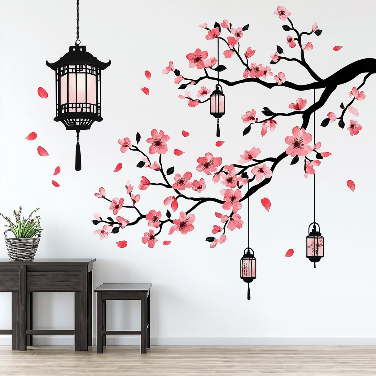 Cherry Blossom Wall Decal | Asian Lantern Tree Branch Vinyl Sticker | Elegant Sakura Mural | Japanese-Inspired Home Decor | Peel & Stick