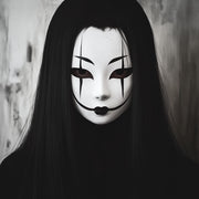 3D printed Japanese ghost spirit mask with a pale face and haunting theatrical expression.