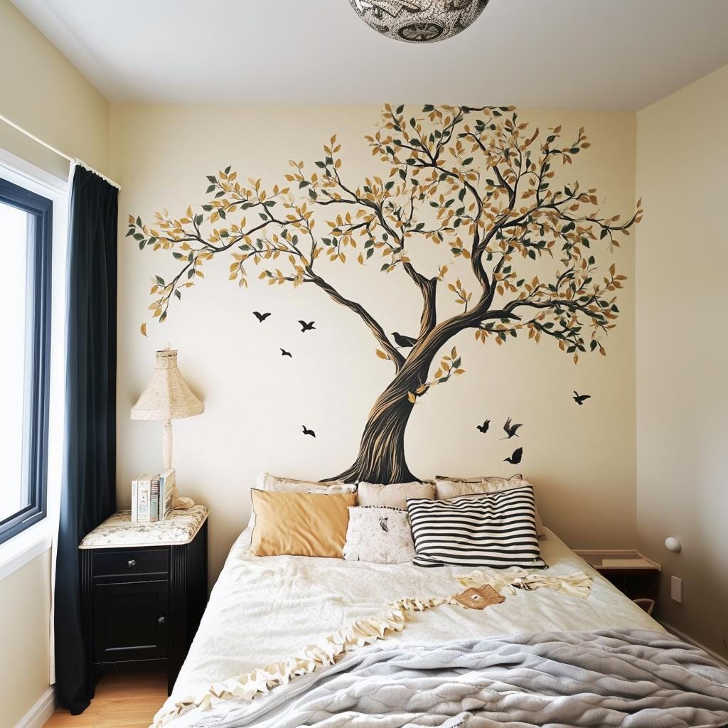 Large Tree Wall Decal | Elegant Botanical Vinyl Mural | Bedroom Living Room Nature Decor | Birds Leaves Wall Art | Peel and Stick Sticker