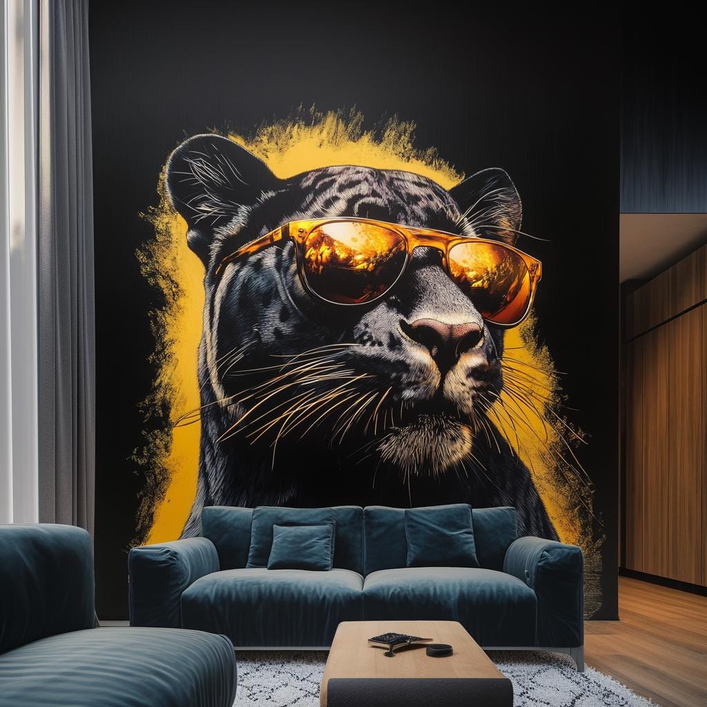 Black Panther Wall Decal | Cool Big Cat Vinyl Sticker with Sunglasses | Urban Jungle Graffiti Wall Art Modern Living Room Office Decor Mural