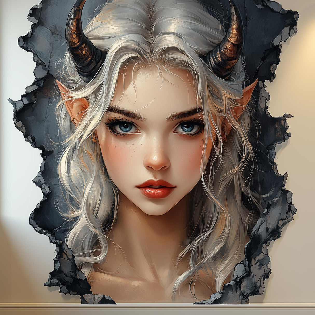 Fantasy elf wall decal featuring a silver-haired girl with blue eyes and horns, creating a 3D cracked wall effect.