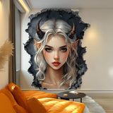 Gothic fantasy elf wall decal with silver hair and horns, creating a 3D cracked wall effect in modern room decor.