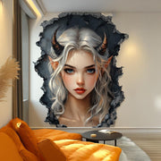 Blue-eyed fantasy elf wall decal emerging through a cracked wall