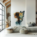 Enchanting fairy wall decal featuring a girl with butterfly wings in a stylish, modern living space.