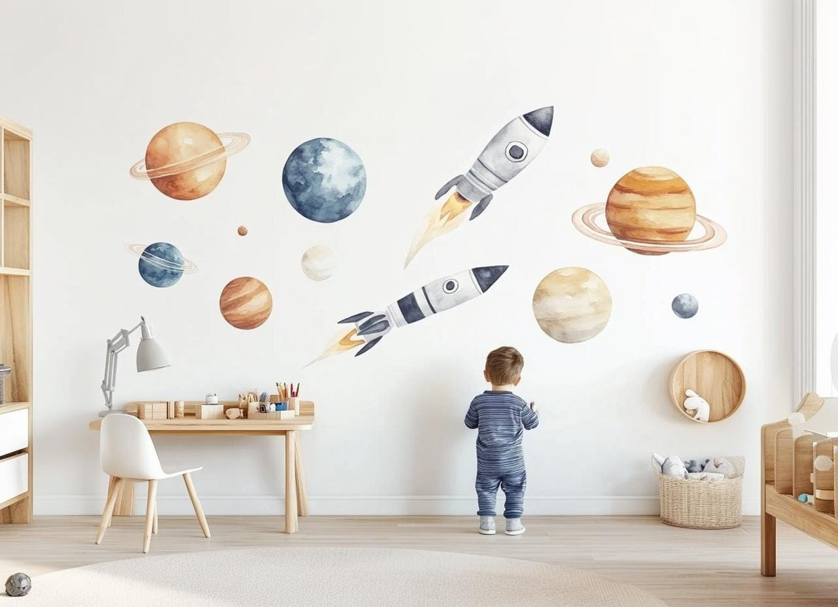 Rocket Space Wall Decals for Kids | Watercolor Planet Wall Stickers | Nursery Outer Space Decor | Removable Celestial Mural for Boys Room
